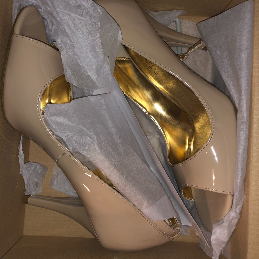 Nude Patent Leather Peep Toe Pumps - Picture 3 of 7